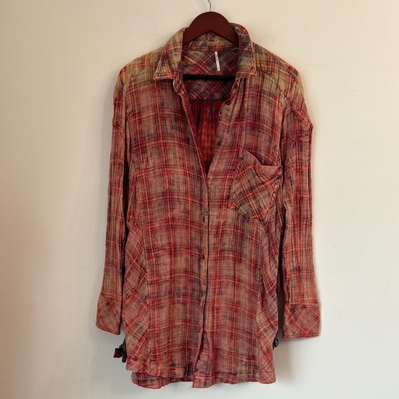 Free People Nordic Nights Buttondown Plaid lace up sz M - Picture 3 of 10
